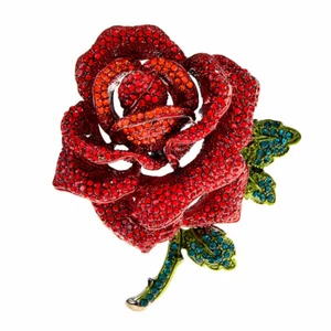 Women's Red Green Crystal Rhinestone Large Rose Flower Brooch Pin - Bild 1 von 3
