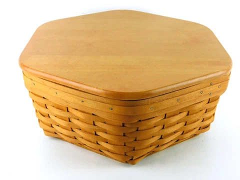 Longaberger Hexagon 1998 14" Generations Basket w Lid Protector Left Hand Weave Cover