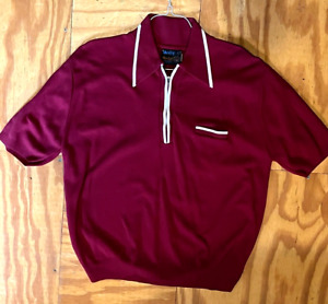 1970s Vintage Knit Ban-Lon VanCort Zip Front Shirt XL Maroon and White