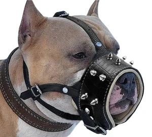 Strong Leather Spiked Studded Dog Muzzle No Biting for Large Breeds Adjustable - Picture 1 of 13