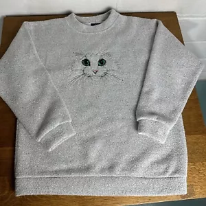 Vintage 90er Streetwear Damen M Katze Kätzchen Frottee Sweatshirt meliert grau USA - Bild 1 von 7