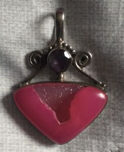 HOT PINK AGATE DRUZY AND AMETHYST 925 Sterling Silver Pendant