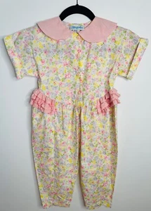 VTG 80'S-90'S MOUSE FEATHERS YELLOW PINK FLORAL PRAIRI RUFFLED ROMER JUMPSUIT*5 - Picture 1 of 5
