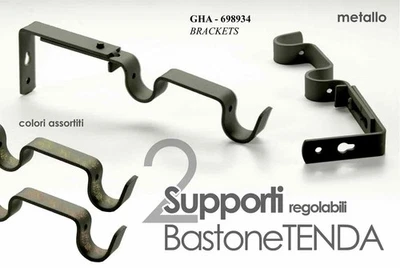 SET 2 PEZZI SUPPORTI STAFFE BASTONE TENDA 2 GANCI METALLO COLOR MATT ASSORTITI - Immagine 1 di 2