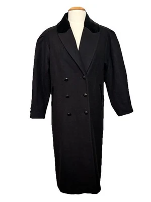 Abrigo Largo de Lana Negro Stephanie Mathews Borde Terciopelo Doble Pecho Talla 9/10 De Colección Foto 1 de 4