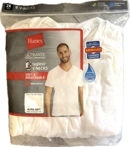 Herren Hanes 2X Ultimate Soft Atmungsaktiv V-Ausschnitt 3 Weiß T-Shirts Unterhemd - Bild 1 von 7