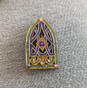 Vintage Gothic Arch Brooch Marked GWS Brass Enamel Rhinestones Lancet Window - Picture 1 of 8