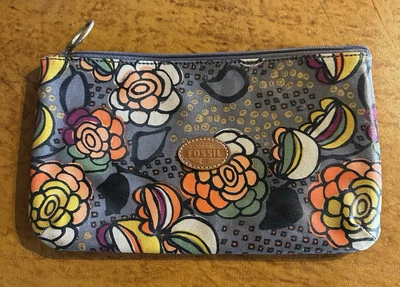 "Muñequera fósil gris floral lona recubierta de PVC 11"" X 6-3/4"" cosméticos" Foto 1 de 4