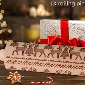 DIY Engraved Embossing Wooden Rolling Pin With Christmas Elk Pattern For Kitchen - Picture 1 of 8