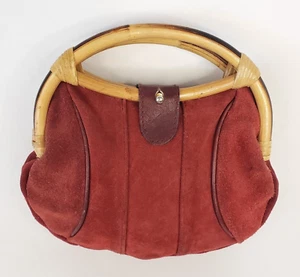 Bolso de Mano Vintage Rojo Gamuza Cuero Asas de Bambú Tela Interior Boho - Imagen 1 de 12