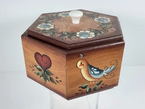 Vintage Hand Painted Wooden Lidded Box Storage Hexagon Birds Flowers Hearts - Picture 1 of 7