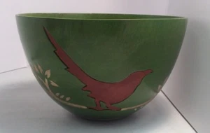 Dekorative handgefertigte Holzschale mit Leder verziert Vogelschnitzerei Wohndeko - Bild 1 von 12