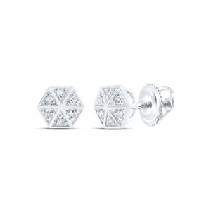 10K White Gold Genuine Diamond Unisex 8mm Pointed Hexagon Stud Earrings 1/10 CT - Picture 1 of 1