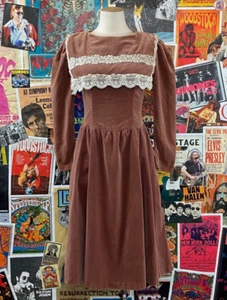 Vtg 70s-80s Mauve Pink Velvet Scott McClintock Gunne Sax Lace Trim Bib Dress XS - Picture 1 of 10