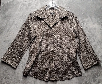 Talbots Top Womens Sz 10 Petite Brown Cream Print Wrinkle Resistant Button Up - Image 1 of 4
