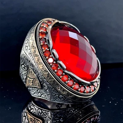 925 Sterling Silver Large Ruby Stone Ring, Ottoman Style Red Gemstone Men Ring - Image 1 of 4