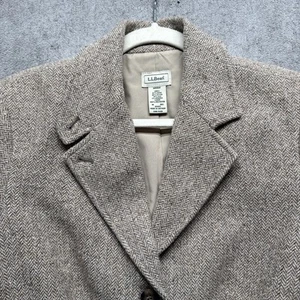 LL Bean Women's Tan Herringbone Silk Wool Blazer Jacket Size Medium M - Picture 1 of 11