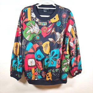 VTG 90s Carole Little Sport 100% Silk Pullover Womens Sz 12 Abstract Print Artsy - Picture 1 of 9
