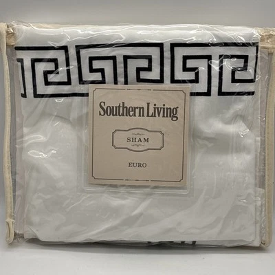 Southern Living Greek Key Euro Sham, Embroidered, Black , White, Cotton - Image 1 of 4