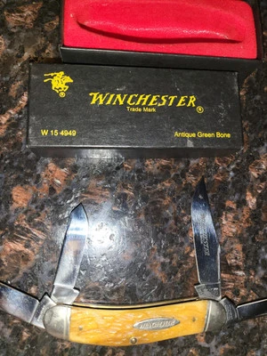 L@@k!!! Winchester Trade Mark 1998 W15-4949 4 hojas antiguo incrustación de hueso verde EE. UU. Foto 1 de 4