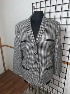 Vintage TALBOTS 100% Wool Houndstooth Black and White Blazer made in USA Size L - Picture 1 of 11