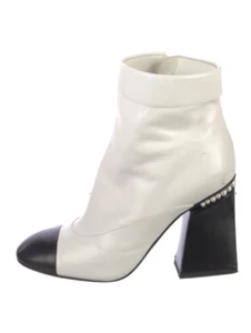 Chanel CC Booties Boots 37.5 White Black Leather Cap Toe Pearls Heels - Picture 1 of 5