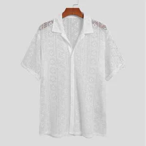 Men Shirt Mesh Lace Transparent Streetwear Lapel Short Sleeve Button Party Sexy - Picture 1 of 14