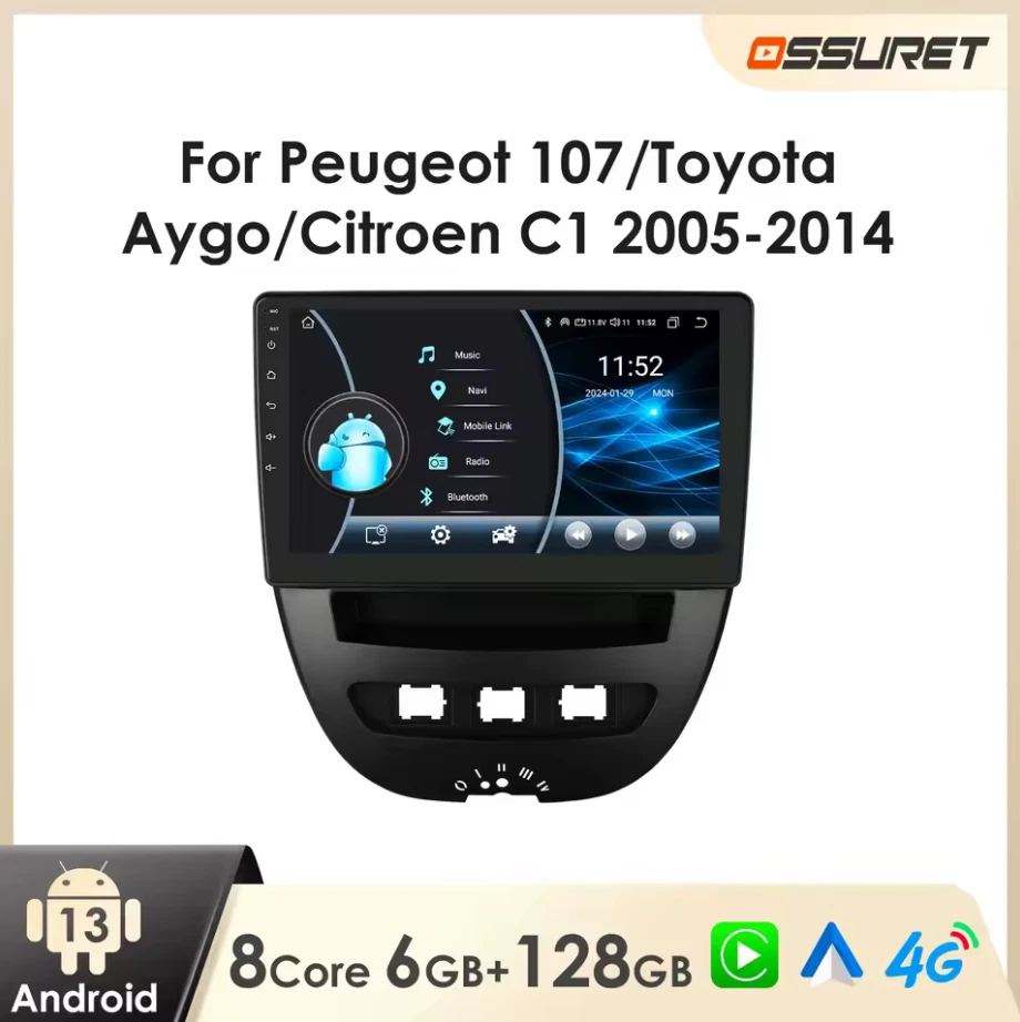 Autoradio Peugeot 107-Toyota Aygo-Citroen C1 2005-2014 Wireless CarPlay Android - Immagine 1 di 4