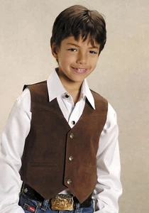Roper Boys Brown Cow Suede Leather Solid Snap Button Classic Western Vest - Picture 1 of 4