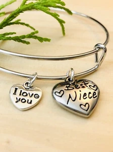 Best Niece~I Love You~Stainless Steel Charm Expandable Bangle Bracelet - Picture 1 of 7