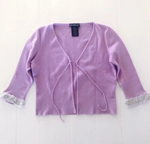 Bebe Purple Cropped Knit Cardigan Sweater with Lace Trim Size Small - Picture 1 of 5