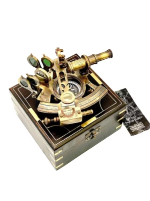Antique Brass Nautical Functional Maritime Compass Sextant J. Scott Wooden Box - Image 1 of 4