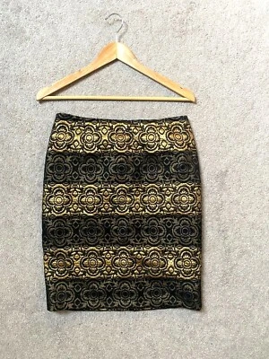 Falda SARA CAMPBELL Talla 2 Dorada Negra Lápiz Recta Elegante Noche Geo Texturizada Foto 1 de 4