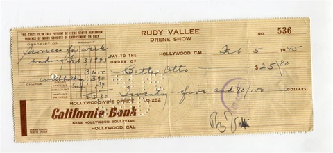RUDY VALLEE (Drene Show - Don Ameche TV) 1945 AUTOGRAPH (signed check) Hollywood Cover