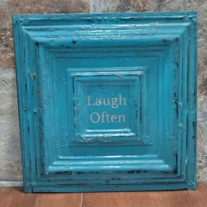 Turquoise Distressed Laugh Often Tin Metal on Wood Frame Hanging Wall Decor - Picture 1 of 11