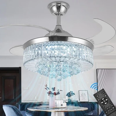 42" Invisible Ceiling Fan Chandelier LightModern Crystal Ceiling Fan Light Re... - Image 1 of 4
