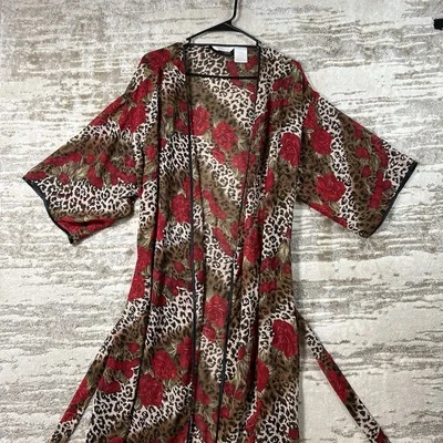 Women’s Red Cheetah Print & Roses Lightweight Sheer Robe W Belt Size XL - Image 1 of 4