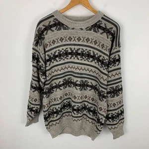 Vintage 90s Menswear Jumper Large Grey Fair Isle Striped Retro Dadcore Grandad - Picture 1 of 11