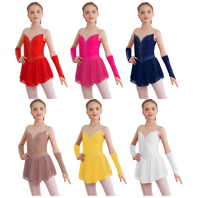 Kids Girls Skating Dress Keyhole Back Dresses Rhinestone Outfits Modern Mesh - Image 1 of 3