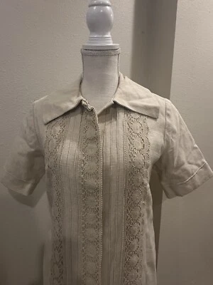 Maxi Camisa de Vestido de Encaje de Lino Vintage La Gasie Cuello a Presión M-L Carrera Usada Foto 1 de 4