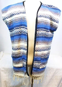 Handmade Mexican Blanket Vest Poncho Serape Fringe White Blue Striped Pockets - Picture 1 of 7