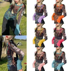 Stylische bedruckte Damen-T-Shirts Langarm transparent Netzoberteile Streetwear Clubwear - Bild 1 von 18