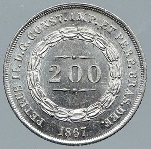 1867 BRAZIL w King Dom Pedro II Antique Brazilian Silver 200 Reis Coin i88468 - Picture 1 of 3