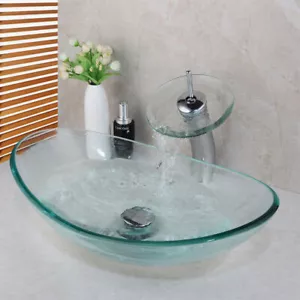 Oval Bathroom Vessel Sink Clear Tempered Glass Basin Mixer Chrome Taps Set Drain - Picture 1 of 9