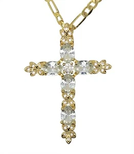 Womens Iced Cross CZ Pendant 20" Figaro Necklace 14k Gold Plated Jewelry  - Picture 1 of 2