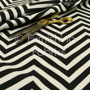 Fire Treated Black White Chevron Stripe Velour Velvet Print Upholstery Fabric - Picture 1 of 5