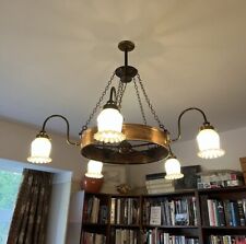 Antique Five Arm Copper Chandelier with Milk Glass Shades ￼