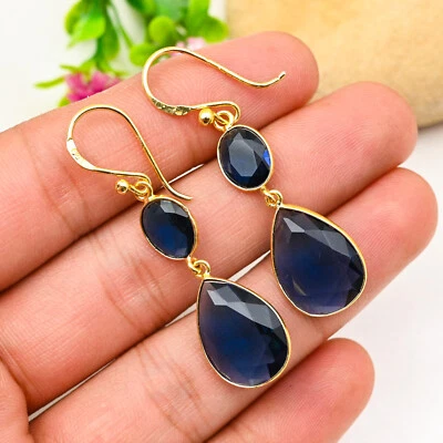 Blue Sapphire Lab-Created Gemstone 925 Sterling Silver Earrings Handmade Jewelry - Image 1 of 4