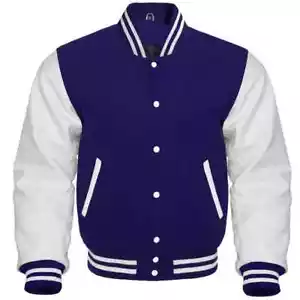 Varsity Letterman Body Navy Blue Wool White Sleeve Leather Bomber Collage Jacket - Picture 1 of 3
