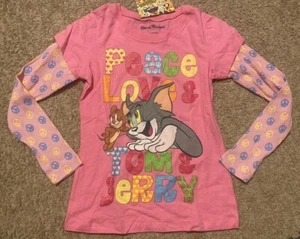 Tom and Jerry Long Sleeve T-Shirt Kids Girls Large 10/12 Thermal Sleeves ￼Peace - Picture 1 of 9